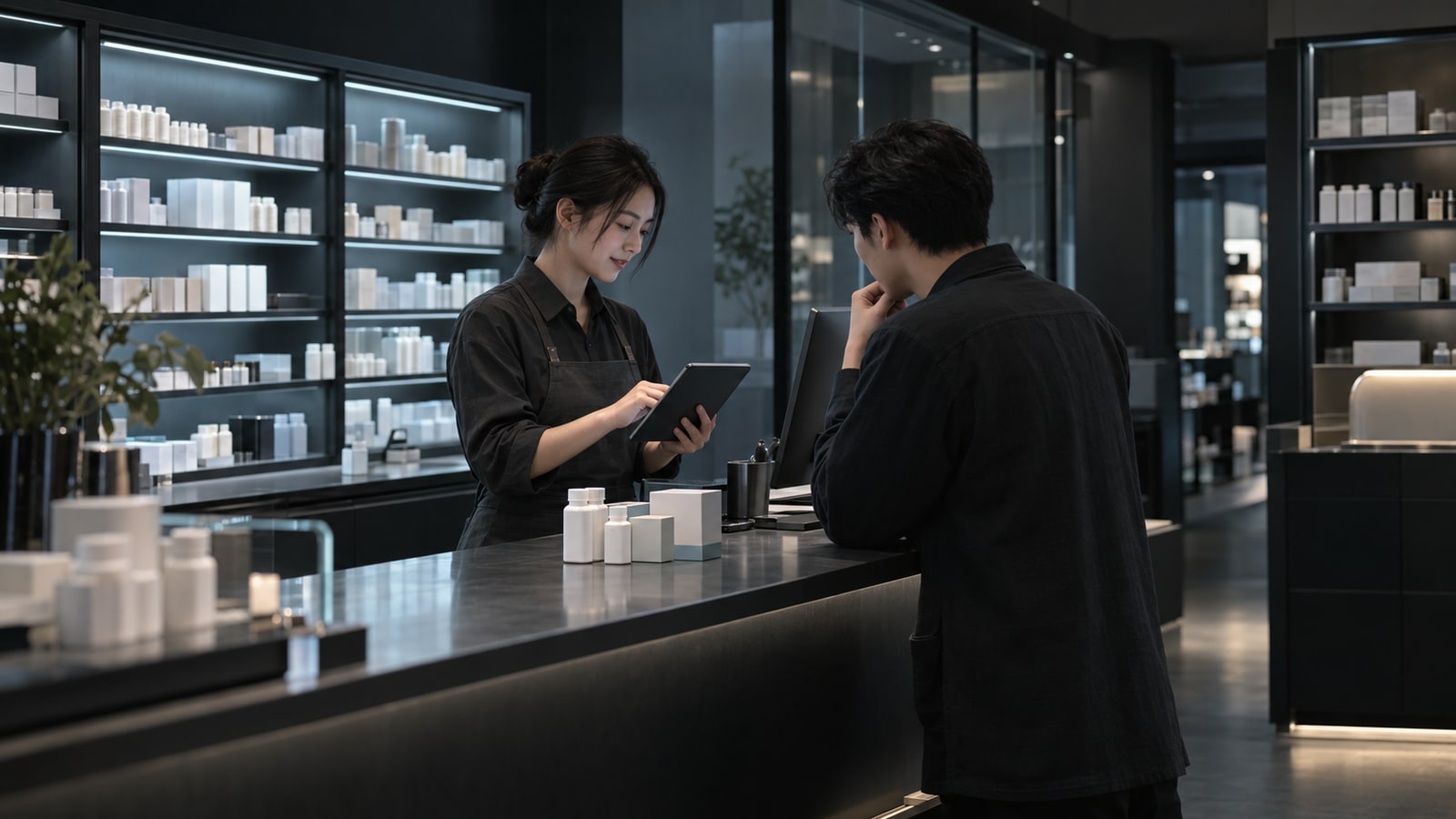 药房店员借助平板查询信息并与顾客交流的生成场景